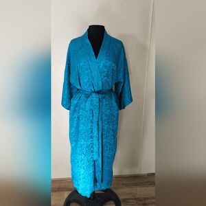 Turquoise Floral Satin Kimono Robe with Belt